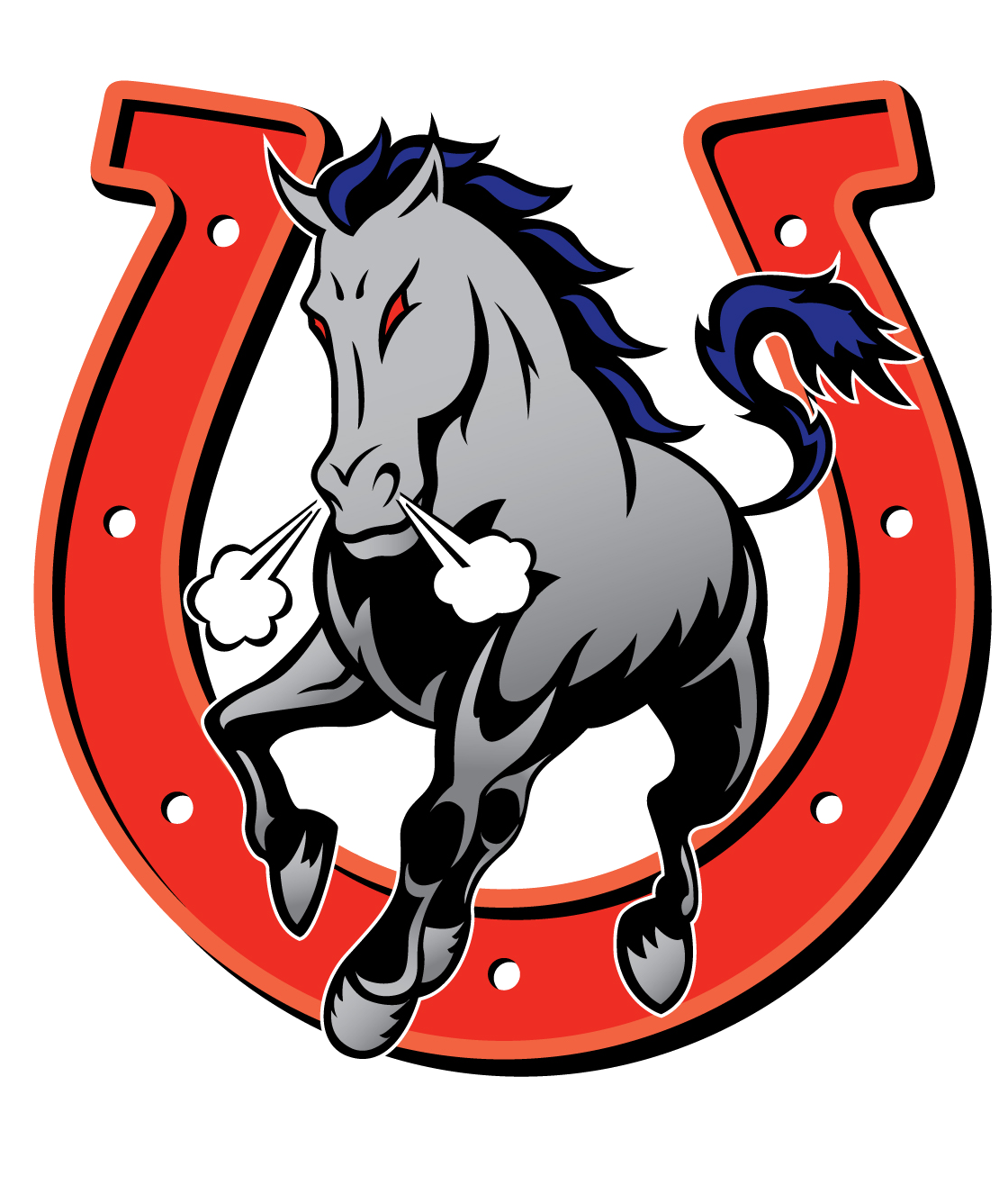 Colt Logo, grey horse with blue mane and red eyes, inside red horseshoe