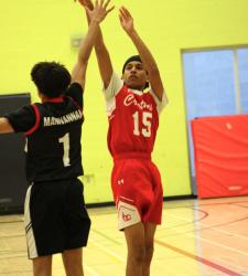 student taking a basketball shot