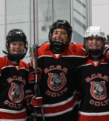 three hockey players